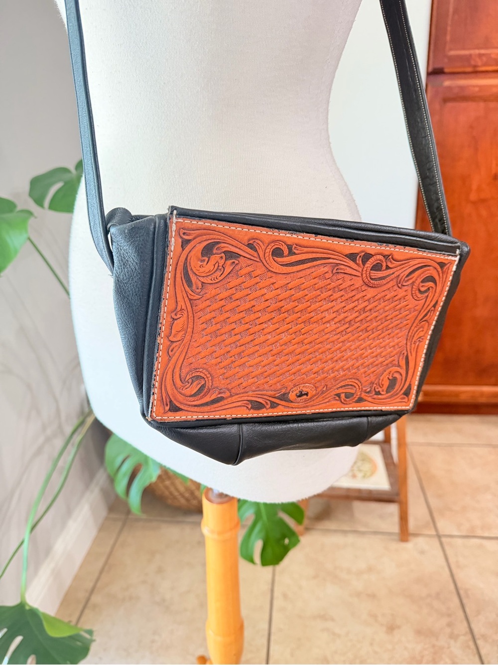 Tooled Leather Crossbody Bag Black Brown Western Purse